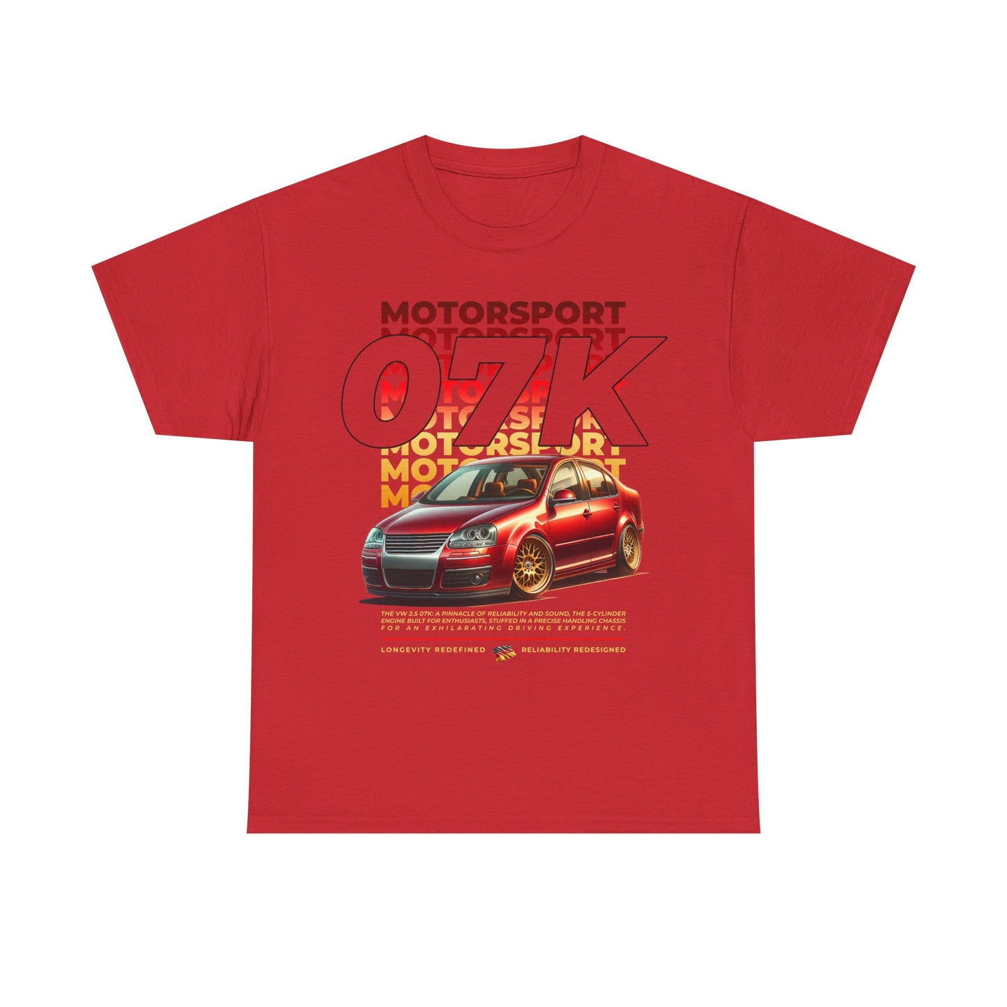 07K Motorsport Mk5 Sedan Enthusiast EXCLUSIVE FRONT PRINT Graphic Tee Shirt Red/Gold FAN ART