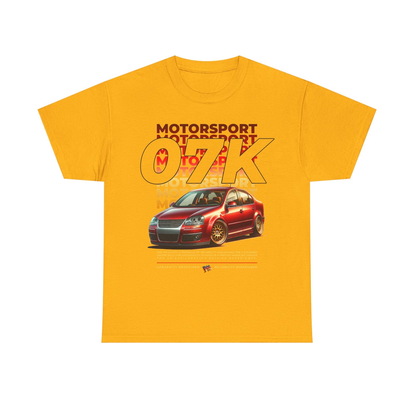 07K Motorsport Mk5 Sedan Enthusiast EXCLUSIVE FRONT PRINT Graphic Tee Shirt Red/Gold FAN ART