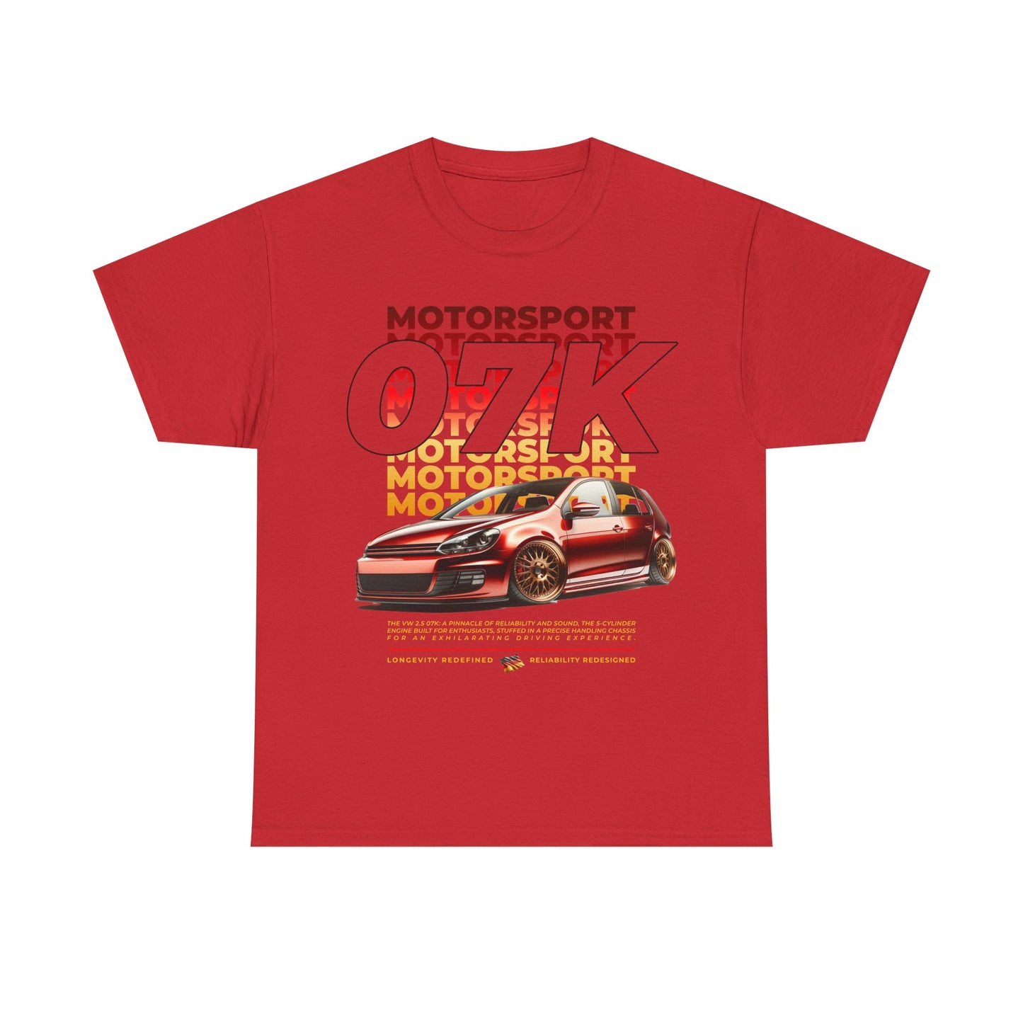 07K Motorsport Mk6 Hatch Enthusiast EXCLUSIVE FRONT PRINT Graphic Tee Shirt Red/Gold FAN ART