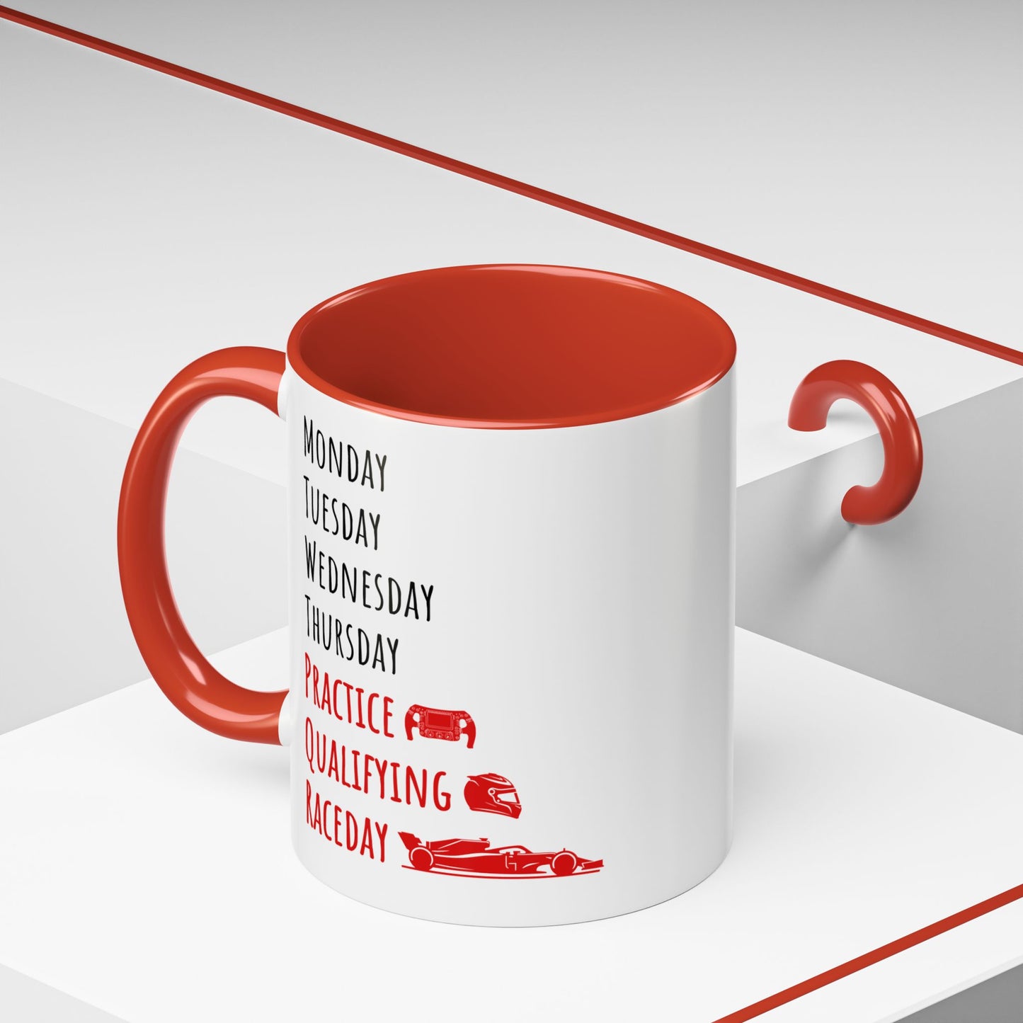 Formula One Race Week Mug | F1 Racing Fan Coffee Mug | Practice, Qualifying, Raceday